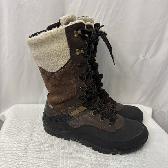 Merrell Boots Womens Size 10 Aurora Tall Ice Vibram Waterproof Brown Insulated - Picture 1 of 11